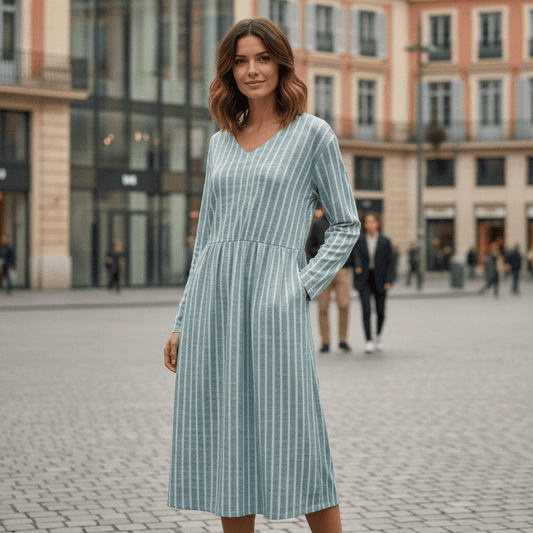 Effortless Striped V-Neck Long-Sleeve Midi Dress — product view 2