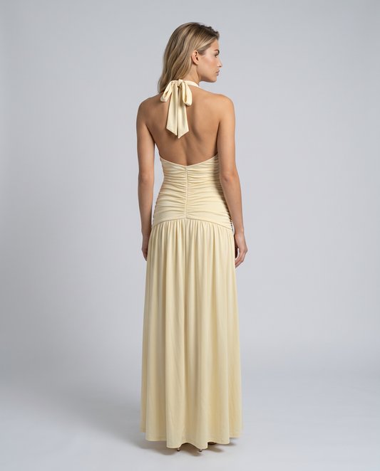 Margaret - Halter-Neck Ruched Maxi Dress - product view 2 - Sela Look