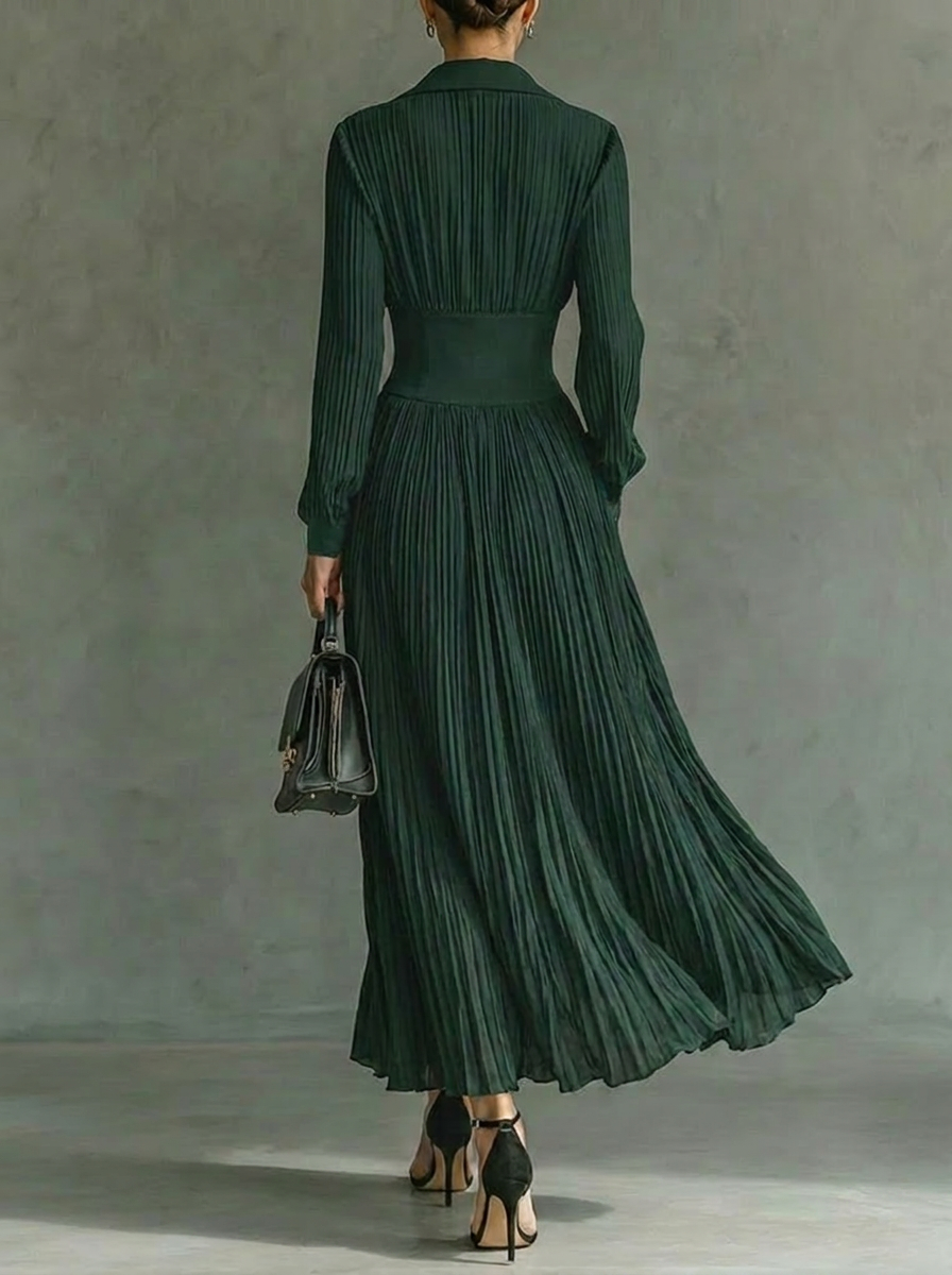 Maxi Dress | Women's Long-Sleeve Pleated Collared