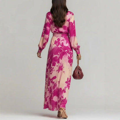 Floral Maxi Dress | Women's Chiffon V-Neck Long-Sleeve