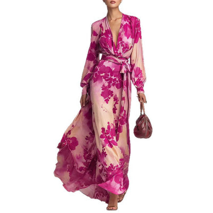 Floral Maxi Dress | Women's Chiffon V-Neck Long-Sleeve