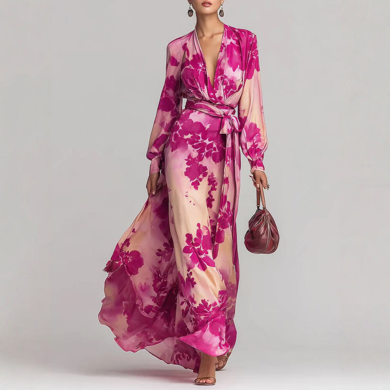 Floral Maxi Dress | Women's Chiffon V-Neck Long-Sleeve