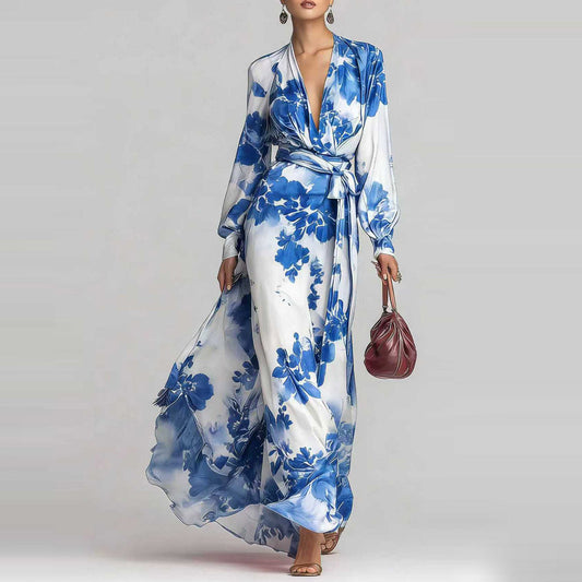 Floral Maxi Dress | Women's Chiffon V-Neck Long-Sleeve
