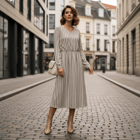 Effortless Striped V-Neck Long-Sleeve Midi Dress — product view 1