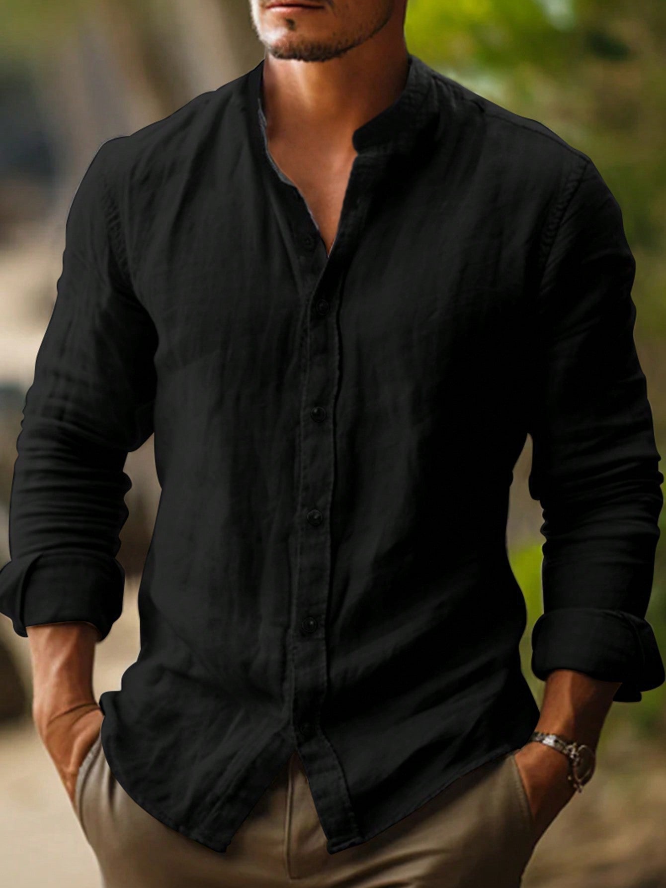 Classic Men's Band-Collar Long-Sleeve Summer Button-Up Shirt — product view 8