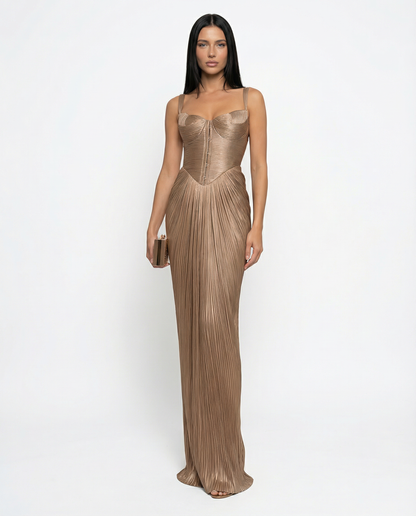 Stella - Pleated Corset Maxi Dress in Gold - product view 1 - Sela Look