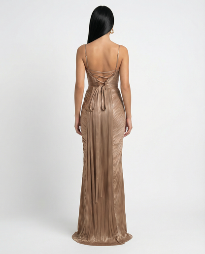 Stella - Pleated Corset Maxi Dress in Gold - product view 2 - Sela Look