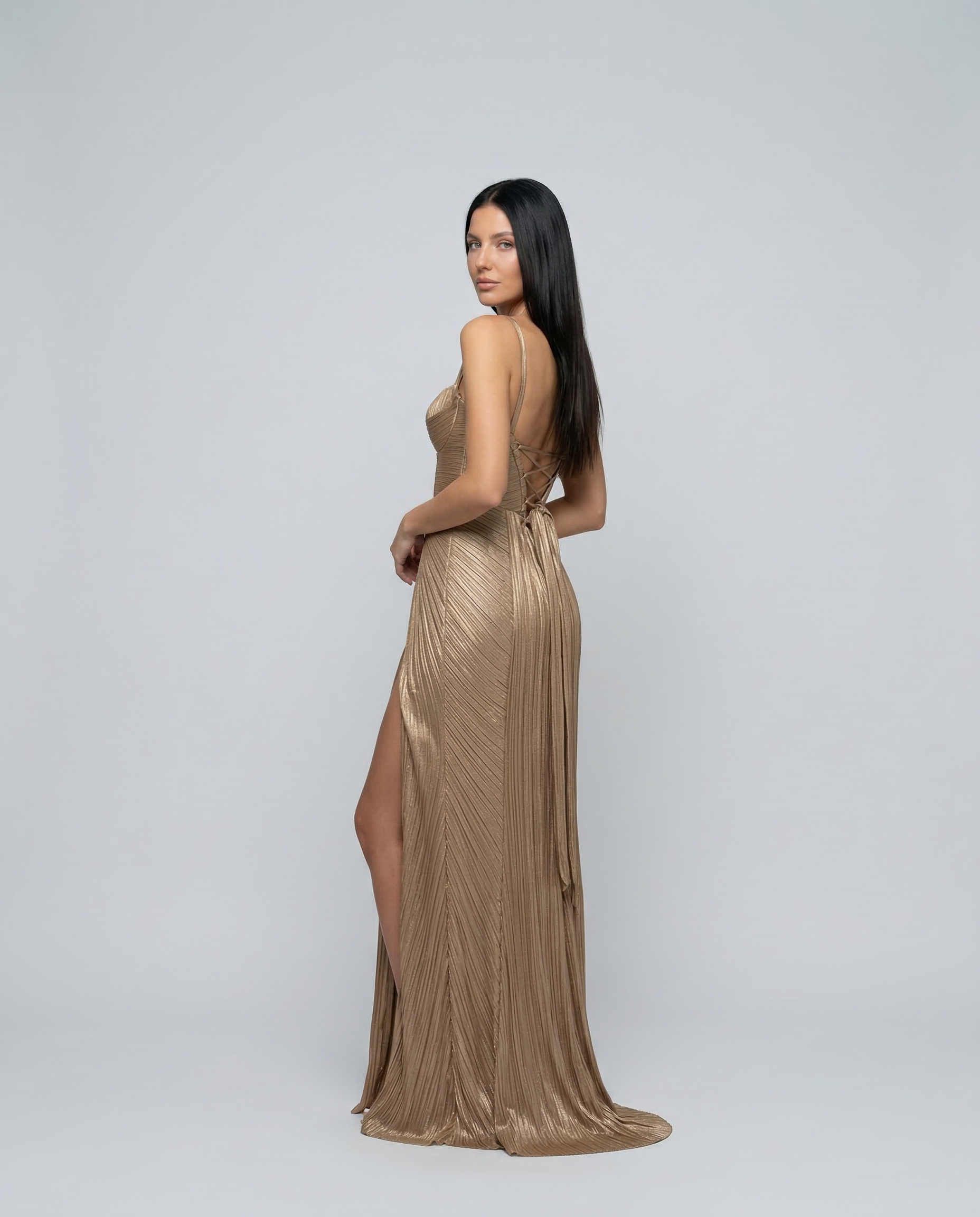 Stella - Pleated Corset Maxi Dress in Gold - product view 3 - Sela Look