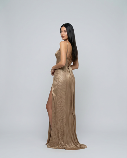 Stella - Pleated Corset Maxi Dress in Gold - product view 3 - Sela Look