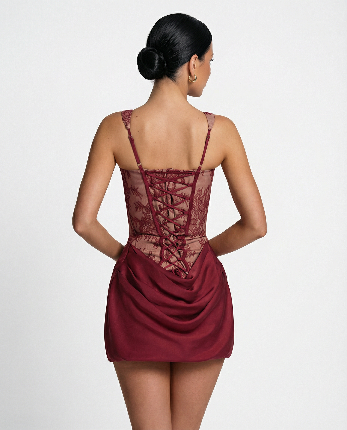 Evelyn - Lace Corset Mini Dress with Draped Skirt - product view 3 - Sela Look