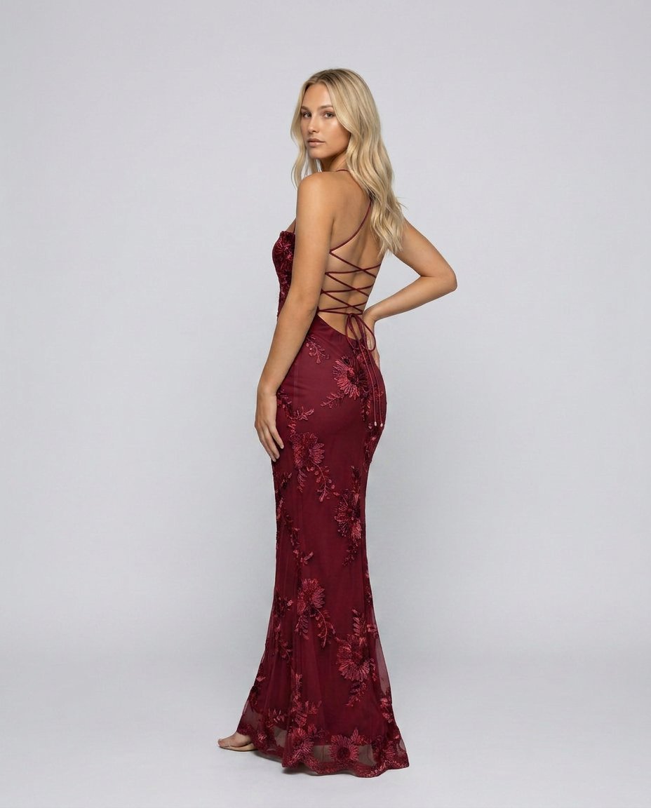Angela | Floral Appliqué Lace-Up Maxi Dress