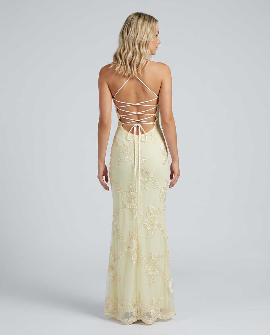 Angela | Floral Appliqué Lace-Up Maxi Dress