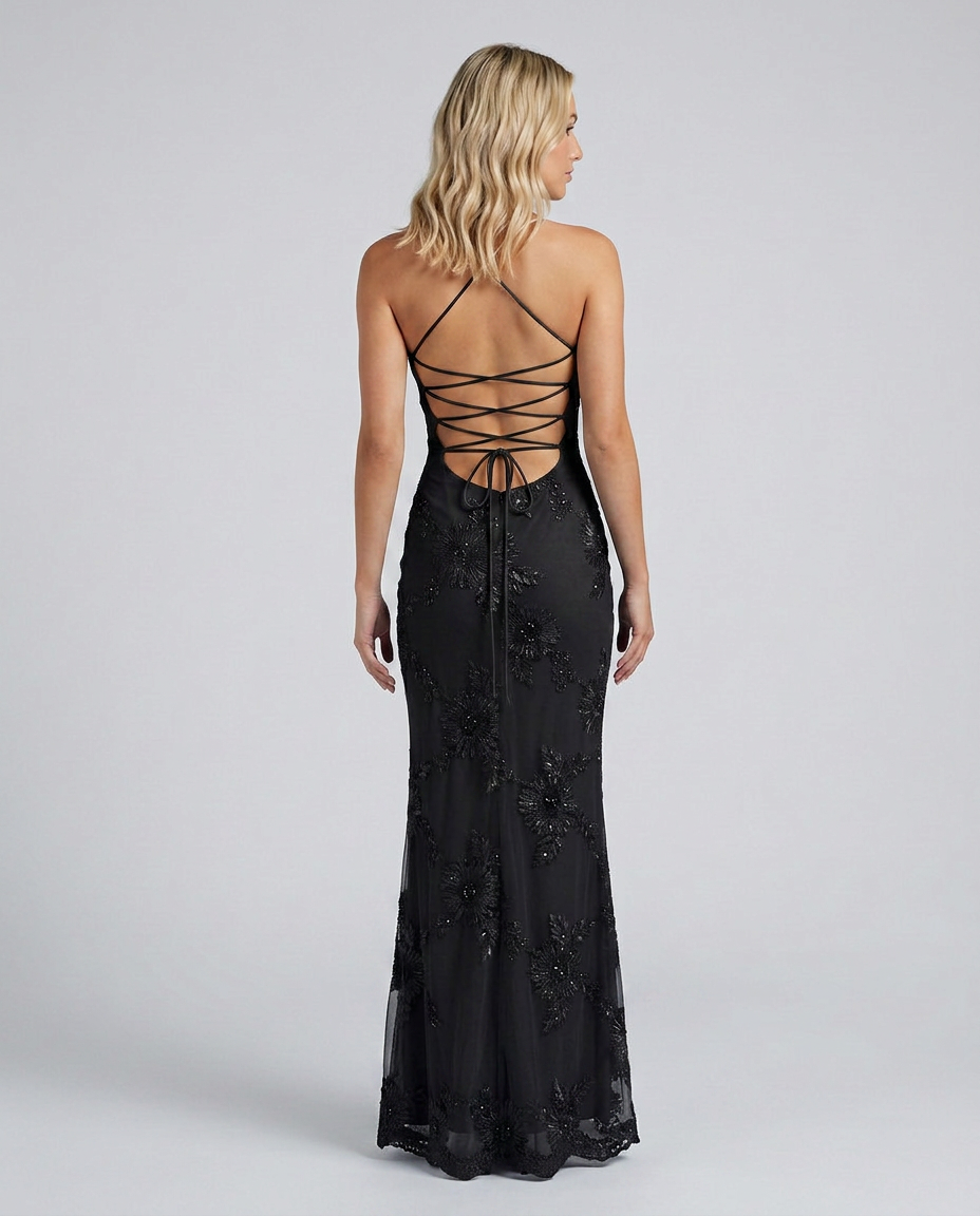 Angela | Floral Appliqué Lace-Up Maxi Dress