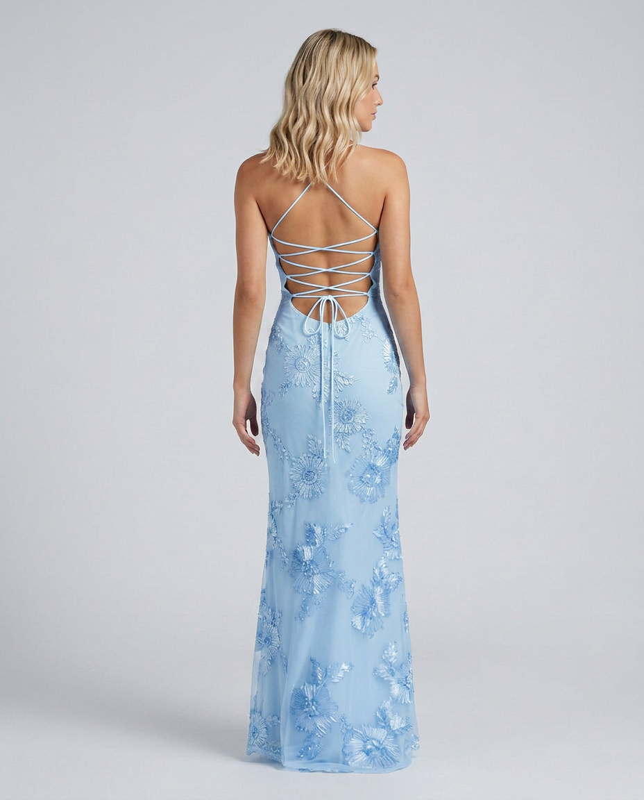 Angela | Floral Appliqué Lace-Up Maxi Dress