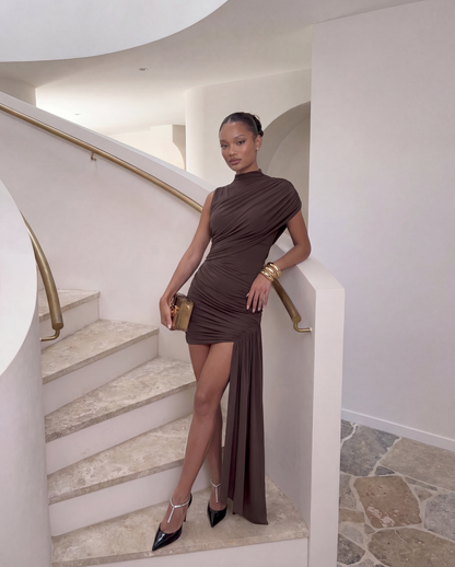 Striking Asymmetric High-Neck Bodycon Mini Dress — product view 5