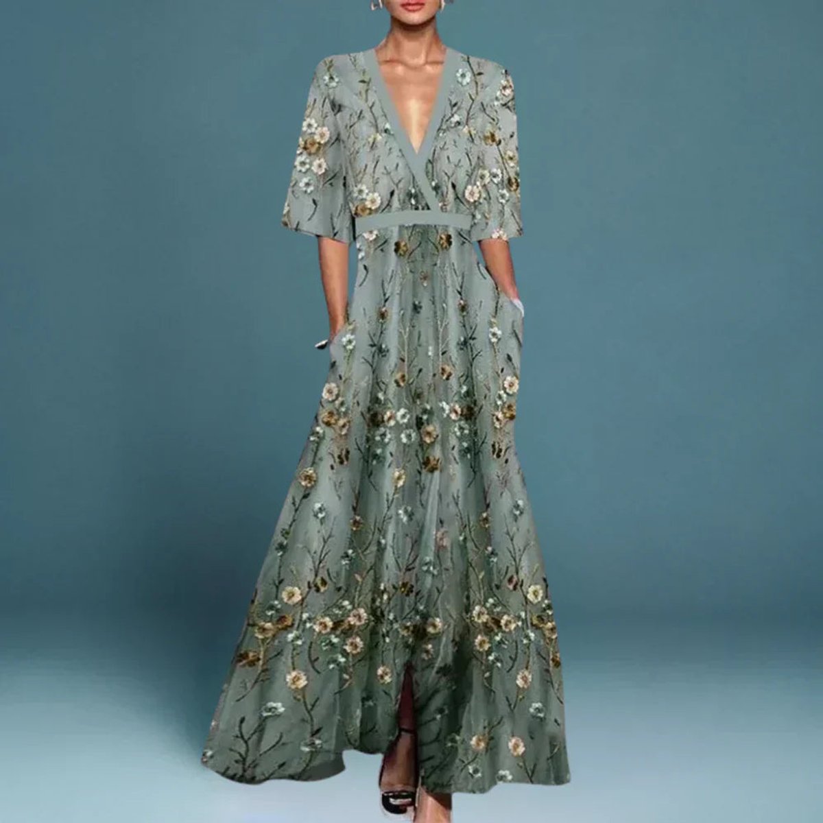 Eleanor | Women's Floral-Embroidered V-Neck Maxi Dress – product image 1