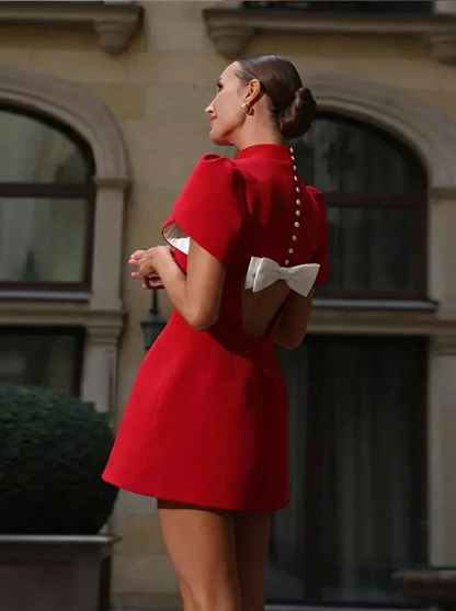 Graduation Dress | Women's Open-Back Short-Sleeve Bow-Detail