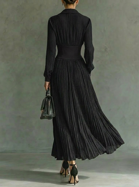 Maxi Dress | Women's Long-Sleeve Pleated Collared