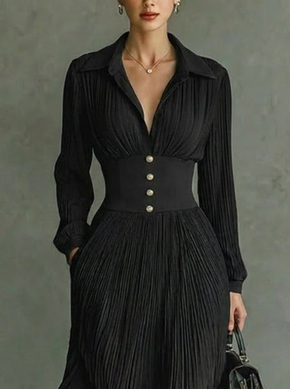 Maxi Dress | Women's Long-Sleeve Pleated Collared